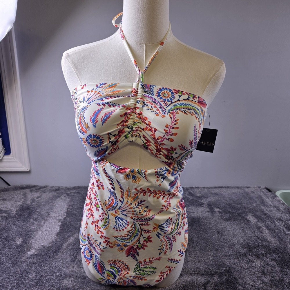 Ralph Lauren One Piece Halter Swimsuit White Colorful Floral Size 12 Vacation